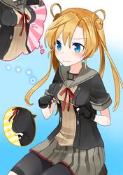  1girl abukuma_(kantai_collection) bangs bike_shorts black_gloves blonde_hair blue_eyes blush breast_conscious breasts double_bun gloves grey_skirt hair_between_eyes hair_rings hands_up kantai_collection kinu_(kantai_collection) large_breasts long_hair medium_breasts pleated_skirt red_ribbon remodel_(kantai_collection) ribbon school_uniform seiza serafuku shorts_under_skirt sitting skirt solo sweatdrop thinking wavy_mouth yuna_(yukiyuna) 