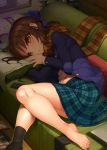  1girl barefoot blush bow brown_eyes brown_hair computer controller couch eyebrows_visible_through_hair feet hair_bow idolmaster idolmaster_cinderella_girls kirin_kakeru laptop long_hair looking_at_viewer lying no_shoes on_side plaid plaid_scarf plaid_skirt remote_control scarf school_uniform skirt solo tachibana_arisu toes 