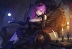  1girl bare_shoulders book breasts candle cleavage crown daye_bie_qia_lian elbow_gloves elementalist_lux fingerless_gloves gloves highres inkwell league_of_legends long_hair luxanna_crownguard magic medium_breasts mismatched_legwear pink_eyes pink_hair quill side_ponytail solo thigh-highs 