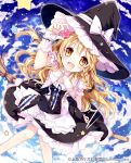  1girl :d blue_sky broom broom_riding brown_eyes clouds cloudy_sky hat holding kirisame_marisa light_brown_hair long_hair looking_at_viewer marimo_moka open_mouth sitting sky smile solo star touhou witch_hat wrist_cuffs 