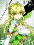  1girl bangs breasts character_name closed_mouth corset cross-laced_clothes detached_collar dress elf elsword from_side gloves grand_archer_(elsword) green_dress green_eyes green_hair hair_between_eyes hair_ornament hair_wings highres hwansang juliet_sleeves large_breasts long_hair long_sleeves looking_at_viewer pointy_ears puffy_long_sleeves puffy_sleeves rena_(elsword) smile solo very_long_hair white_gloves 