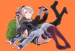  2girls amatsukaze_(kantai_collection) bean_bag black_hair brown_dress brown_eyes closed_eyes delusion_empire dress girl_on_top hair_tubes kantai_collection long_hair lying multiple_girls on_stomach sailor_dress short_dress short_hair short_hair_with_long_locks silver_hair smokestack thigh-highs tokitsukaze_(kantai_collection) two_side_up windsock 