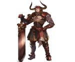  1boy agielba animal_ears armor armored_boots beard boots facial_hair gloves granblue_fantasy horns minaba_hideo official_art shirtless simple_background solo sword tattoo weapon white_background 