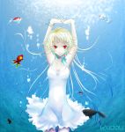  1girl blonde_hair dress fish kudou_(wil0830s) original red_eyes short_dress solo solo_focus underwater water white_dress 