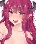  1girl :d asa_(coco) bangs bare_shoulders blush breasts cleavage collarbone demon_girl demon_wings fangs head_wings heart heart-shaped_pupils koakuma long_hair looking_at_viewer naughty_face nose_blush nude open_mouth pointy_ears red_eyes redhead sidelocks smile solo symbol-shaped_pupils tongue tongue_out touhou upper_body wings 