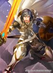 1boy armor armored_boots blue_eyes blue_hair boots cape company_connection energy falchion_(fire_emblem) fighting_stance fire_emblem fire_emblem:_kakusei fire_emblem_cipher glowing glowing_sword glowing_weapon holding holding_shield holding_sword holding_weapon krom light_particles male_focus matching_hair/eyes official_art open_mouth pants purple_background serious shield short_hair solo sword teeth weapon white_armor white_cape 
