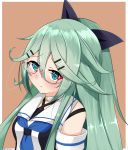  1girl :&lt; aqua_eyes bespectacled blush bow commentary_request detached_sleeves glasses green_hair hair_bow hair_ornament hairclip kantai_collection long_hair neckerchief ponytail red-framed_eyewear sailor_collar solo twitter_username upper_body yamakaze_(kantai_collection) yukikasa_(ro-ga-o-y) 