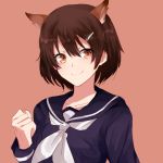  1girl animal_ears brave_witches brown_eyes brown_hair clenched_hand hair_ornament hairclip karibuchi_hikari red_background retto school_uniform serafuku short_hair simple_background smile solo squirrel_ears upper_body world_witches_series 