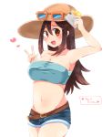  1girl :d bangs bare_arms bare_shoulders belt blush breasts brown_hair cellphone cleavage collarbone fang flower groin hair_between_eyes hat hat_flower heart hibiscus holding holding_phone large_breasts long_hair navel npc npc_trainer open_mouth orange_eyes phone pokemon pokemon_(game) pokemon_sm self_shot shizuku_(boshi) short_shorts shorts sightseer_(pokemon) simple_background smartphone smile solo strapless sun_hat sunglasses tongue tubetop v white_background 