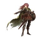  1girl armor armored_boots bag boots boremia cape fingerless_gloves gloves granblue_fantasy long_hair minaba_hideo pink_eyes pink_hair shield solo sword teeth transparent_background weapon 