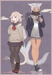  2girls animal_ears aqua_eyes black_legwear blonde_hair cardigan cat_ears cat_tail dark_skin female final_fantasy final_fantasy_xiv full_body grey_hair loose_socks miqo&#039;te multiple_girls outdoors pantyhose scarf school_uniform serafuku skirt sky socks tail uniform violet_eyes wagashi_(goma_dango) 