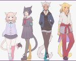  4girls animal_ears bangs bell bell_choker black_hair blonde_hair bob_cut cat_ears cat_tail choker contemporary dark_skin female final_fantasy final_fantasy_xiv flat_color full_body glasses grey_hair highres hood hoodie miqo&#039;te multiple_girls pantyhose ponytail school_uniform serafuku simple_background skirt smile tail uniform wagashi_(goma_dango) white_background 