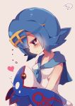  1girl blue_eyes blue_hair blush closed_mouth heart highres kyogre looking_at_another muuran pink_background pokemon pokemon_(creature) pokemon_(game) pokemon_sm short_hair simple_background suiren_(pokemon) 