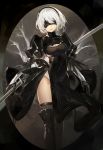  1girl black_dress black_gloves black_legwear blindfold breasts center_opening cleavage dress facing_viewer gloves hairband highres holding holding_sword holding_weapon katana long_sleeves medium_breasts nier_(series) nier_automata panties parted_lips puffy_long_sleeves puffy_sleeves saberiii short_hair side_slit silver_hair solo standing sword teeth thigh-highs thighs underwear weapon white_panties yorha_unit_no._2_type_b 