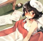  1girl animal_ears bei_mochi black_hair black_wings breasts cleavage collarbone looking_at_viewer medicine medium_breasts mouth_hold paper red_eyes shameimaru_aya short_hair sick solo sweat table thermometer touhou wings 
