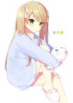  1girl :&lt; =_= bangs blonde_hair blue_sweater blush cat cat_slippers circle dress eyebrows_visible_through_hair from_side green_eyes hair_ornament hairclip highres holding_cat knee_up long_hair looking_at_another looking_at_viewer mafuyu_(chibi21) original ribbon simple_background slippers solo star star_hair_ornament sweater sweater_dress swept_bangs twintails white_background white_cat white_ribbon 