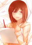  1girl brown_eyes brown_hair eyebrows_visible_through_hair glasses highres holding holding_pen looking_at_viewer open_mouth original peneko short_hair signature solo upper_body 