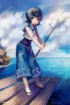  1girl :d artist_name baggy_pants bangs bare_arms bare_shoulders blue_eyes blue_hair blue_pants blue_sky blue_swimsuit breasts bright_pupils capri_pants clouds cloudy_sky covered_navel crop_top day dock fishing fishing_rod flipped_hair hairband holding leaning_forward matching_hair/eyes miu_pachi open_mouth outdoors pants pokemon pokemon_(game) pokemon_sm sailor_collar sandals school_swimsuit shirt short_hair sky small_breasts smile solo standing suiren_(pokemon) swimsuit swimsuit_under_clothes trial_captain water white_shirt wood 