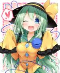  1girl ;d alternate_breast_size alternate_hair_length alternate_hairstyle black_hat blue_eyes blush bow breasts clown_222 commentary_request eyeball frilled_shirt_collar frilled_sleeves frills green_hair green_skirt hat hat_bow heart heart_background heart_of_string komeiji_koishi long_hair long_sleeves looking_at_viewer medium_breasts one_eye_closed open_mouth shirt signature skirt sleeves_past_wrists smile solo spoken_heart third_eye touhou twitter_username upper_body very_long_hair wide_sleeves yellow_bow yellow_shirt 