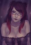  1girl bare_shoulders blue_eyes breasts cleavage collarbone final_fantasy final_fantasy_xiv glasses hyur long_hair looking_at_viewer mole mole_under_mouth off_shoulder solo soranamae 