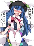  1girl blue_hair blush bow commentary_request embarrassed food fruit hammer_(sunset_beach) hat hinanawi_tenshi long_hair lying o_o on_back open_mouth peach puffy_sleeves skirt solo touhou translation_request 