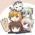  4girls :3 =_= ahoge blush_stickers bow brown_hair dogpile einhart_stratos english fuuka_reventon gloves green_eyes hair_between_eyes hair_bow heterochromia huracan_(vivid_strike!) lyrical_nanoha multiple_girls no_nose open_mouth rainbowcard red_eyes rinne_berlinetta smile sweatdrop violet_eyes vivid_strike! vivio 