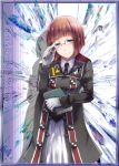  1girl adjusting_glasses black_necktie book brown_hair copyright_name glasses holding holding_book looking_at_viewer lowres military military_uniform necktie senjou_no_valkyria senjou_no_valkyria_3 short_hair smile solo uniform valerie_aynsley 