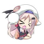  &gt;_&lt; 1girl animal_ears ball bat_hair_ornament cape chibi closed_eyes dog_ears dog_tail fang hair_ornament hat little_busters!! long_hair noumi_kudryavka open_mouth peta_(taleslove596) plaid plaid_skirt school_uniform silver_hair sitting skirt tail 