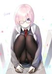  1girl :o ankle_boots black-framed_eyewear blush boots breast_press breasts brown_boots crotch_seam de_ra_u_e_a fate/grand_order fate_(series) full_body grey_jacket hair_over_one_eye highres jacket knees_on_chest knees_together_feet_apart knees_up long_sleeves looking_at_viewer medium_breasts necktie open_clothes open_jacket panties panties_under_pantyhose pantyhose parted_lips pink_hair red_necktie shielder_(fate/grand_order) shiny shiny_hair short_hair signature sleeves_past_wrists solo squatting underwear violet_eyes white_panties 