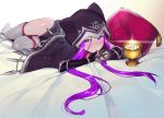  1girl animal_hood bed candy cape cat_hood child collar dog_collar fate/grand_order fate_(series) food gloves goblet hood leotard long_hair looking_at_viewer lying medusa_(lancer)_(fate) nito_(siccarol) on_stomach pillow purple_hair rider solo very_long_hair violet_eyes 
