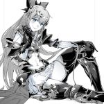  1girl armor bangs black_gloves boots bow cross-laced_footwear dress gloves granblue_fantasy hair_bow hair_ornament lace-up_boots long_hair monochrome navel pauldrons ponytail ribbon short_dress sitting smile thigh-highs thighs vira zunta 