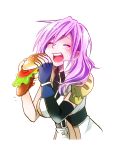  1girl blush breasts cape closed_eyes final_fantasy final_fantasy_xiii fingerless_gloves food gloves hamburger highres large_breasts lightning_farron long_hair open_mouth orihara_sachiko pink_hair simple_background solo white_background 
