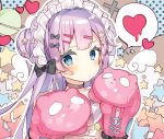  1girl bandaid bandaid_on_face blue_eyes blush bow boxing_gloves choker commentary_request dress earrings frilled_dress frills hair_bow hair_ornament hairclip heart jewelry kabako_(lilypicture410v) lavender_hair long_hair looking_at_viewer maid_headdress original solo star upper_body 