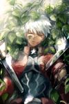  1boy archer bruise bush closed_eyes commentary_request dark_skin dark_skinned_male death deep_wound fate/stay_night fate_(series) injury leaf lying on_back outdoors plant solo sword tears torn_clothes weapon white_hair 