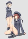  2girls absurdres anchor aqua_eyes black_legwear brown_eyes brown_hair clothes_writing dress full_body grey_background hat highres kantai_collection koretsuki_aduma military military_hat military_uniform multiple_girls panties peaked_cap sailor_collar sailor_dress short_hair silver_hair sitting standing underwear uniform white_bikini_bottom z1_leberecht_maass_(kantai_collection) z3_max_schultz_(kantai_collection) 