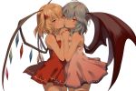 2girls bangs bare_shoulders bat_wings blonde_hair blue_hair bow cheek-to-cheek chestnut_mouth collarbone dress eredhen face-to-face fingernails flandre_scarlet hair_between_eyes hair_bow hand_holding hands_together highres incest incipient_kiss interlocked_fingers jpeg_artifacts lavender_dress looking_at_viewer multiple_girls nail_polish parted_lips red_bow red_dress red_eyes red_nails remilia_scarlet short_dress short_hair siblings side_ponytail simple_background sisters sleeveless sleeveless_dress thigh-highs touhou white_background wings yuri 
