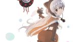  1girl animal_ears black_legwear brown_eyes bubble_skirt fake_animal_ears fingerless_gloves fur_trim gloves instrument lavender_hair long_hair looking_back magical_girl mahou_shoujo_madoka_magica mahou_shoujo_madoka_magica_movie momoe_nagisa pantyhose pom_pom_(clothes) pyotr_(madoka_magica) samidare skirt smile suspenders trumpet white_hair 