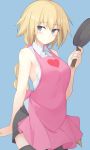 1girl alternate_eye_color apron bare_shoulders blonde_hair blue_background blue_eyes blush braid breasts fate/apocrypha fate_(series) frying_pan heart long_hair looking_at_viewer mobu ruler_(fate/apocrypha) simple_background single_braid skirt smile solo thigh-highs 
