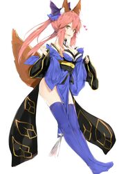  1girl :d animal_ears bad_id bad_pixiv_id bare_shoulders blue_legwear bow breasts cleavage detached_collar detached_sleeves fang fate/extra fate/grand_order fate_(series) fox_ears fox_tail full_body hair_between_eyes hair_bow heart highres loincloth long_hair long_sleeves looking_at_viewer medium_breasts no_shoes open_mouth purple_bow sash silver_(chenwen) simple_background smile solo standing tail tamamo_(fate)_(all) tamamo_no_mae_(fate) thigh-highs thighs underbust white_background wide_sleeves 