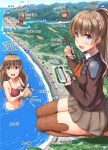  1girl :d beach bikini blue_eyes blush breasts brown_hair brown_legwear brown_skirt chibi chopsticks commentary_request day eating food forest giantess hair_ornament ichikawa_feesu kantai_collection kneeling kumano_(kantai_collection) landscape looking_at_viewer map mountain multiple_persona namesake nature necktie ocean open_mouth partially_submerged partially_translated ponytail red_bikini ship sitting skirt smile standing swimsuit thigh-highs translation_request turret turtle water watercraft zettai_ryouiki 