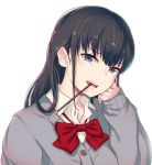  1girl 40hara black_hair blue_eyes food frown highres jpeg_artifacts long_hair looking_at_viewer neck_ribbon original pocky pocky_day ribbon school_uniform simple_background sleeves_past_wrists solo teeth white_background 