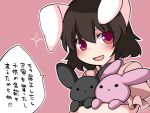  1girl animal animal_ears black_hair blush dress hammer_(sunset_beach) holding holding_animal inaba_tewi looking_at_viewer open_mouth pink_background pink_dress rabbit rabbit_ears red_eyes short_hair short_sleeves simple_background smile touhou translation_request upper_body 