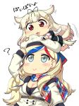  2girls :&gt; ? animal_ears beret blonde_hair blue_hair breasts chibi cleavage commandant_teste_(kantai_collection) dog_ears dog_tail double-breasted green_eyes hase_yu hat kantai_collection long_hair looking_up multicolored_hair multicolored_scarf multiple_girls no_nose person_on_head plaid plaid_scarf red_eyes redhead remodel_(kantai_collection) scarf school_uniform seiyuu_connection serafuku streaked_hair tail tail_wagging tanibe_yumi white_hair yuudachi_(kantai_collection) 