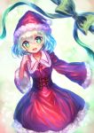  1girl absurdres alternate_costume backlighting bangs blue_eyes blue_hair blush breasts christmas cowboy_shot dress gradient_eyes gradient_hair green_eyes hair_between_eyes hand_up hat highres hinasumire komeiji_koishi long_sleeves looking_at_viewer matching_hair/eyes multicolored_eyes multicolored_hair open_mouth red_dress ribbon santa_hat silver_hair small_breasts smile solo touhou 