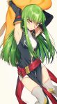  1girl armpits arms_up belt boots breasts c.c. cheese-kun code_geass creayus detached_sleeves green_hair long_hair looking_at_viewer shorts simple_background solo thigh-highs thigh_boots twitter_username white_background yellow_eyes 