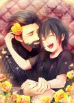  2boys akirakarin beard black_hair child facial_hair father_and_son final_fantasy final_fantasy_xv flower formal hair_flower hair_ornament highres multiple_boys noctis_lucis_caelum regis_lucis_caelum suit 