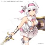  1girl armpit_peek bangs bare_shoulders blunt_bangs breasts character_name cleavage commentary_request eyebrows_visible_through_hair flower flower_knight_girl hair_flower hair_ornament hairband holding holding_sword holding_weapon kuromayu looking_at_viewer medium_breasts pink_eyes royal_princess_(flower_knight_girl) short_hair smile solo sword weapon white_hair 