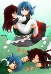  1girl animal_ears bare_shoulders barefoot blue_eyes blue_hair blush brown_eyes brown_hair carrying colored_eyelashes dreaming dress drill_hair hand_holding head_fins hug imaizumi_kagerou japanese_clothes kimono mermaid monster_girl off-shoulder_dress off_shoulder princess_carry sleeping touhou wakasagihime white_dress wolf_ears yukimuro 