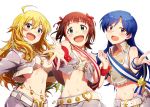  3girls amami_haruka ayano_yuu_(sonma_1426) bare_shoulders blonde_hair blue_hair breasts brown_eyes cleavage green_eyes hair_ribbon highres hip_bones hoshii_miki idolmaster jewelry kisaragi_chihaya looking_at_viewer multiple_girls navel necklace open_mouth outstretched_hand redhead ribbon simple_background smile white_background 