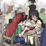  3boys 3girls akemi_homura bandanna beer_mug black_hair black_legwear brown_hair chair chopsticks commentary_request eating fang food glasses glasses_day green_shirt knives_(knives777) mahou_shoujo_madoka_magica multiple_boys multiple_girls noodles open_mouth partial_commentary ponytail poster_(object) ramen red-framed_eyewear sakura_kyouko school_uniform semi-rimless_glasses shirt short_hair sitting spoon t-shirt table tenkaippin under-rim_glasses 